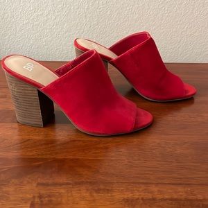 Red suede open toe mules